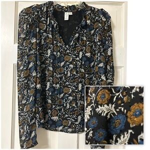 Joie Swiss Dot Dark Floral Print Ruffled Split Tie Neck Blouse Lined Size Small
